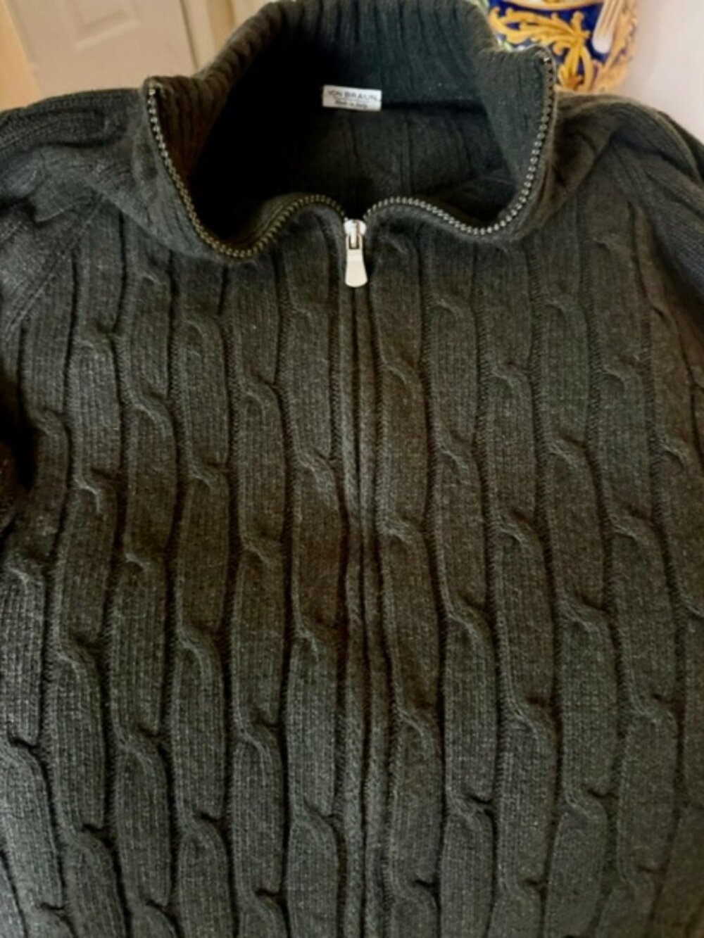 Von Braun-Made It Italy, 100% Cashmere Cable Knit Men's Zip Cardigan, M, RT 549